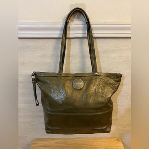 Coach Stitched Signature Stripe Tote, Glossy Metallic Patent Leather